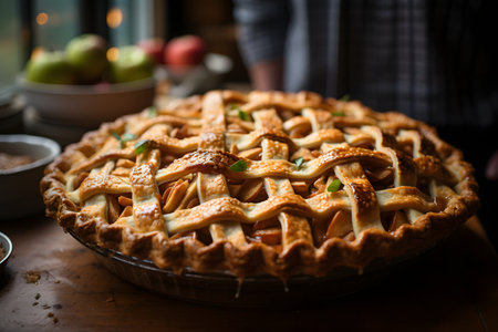 Homemade apple pie on rustic wooden table, selective focus.の素材