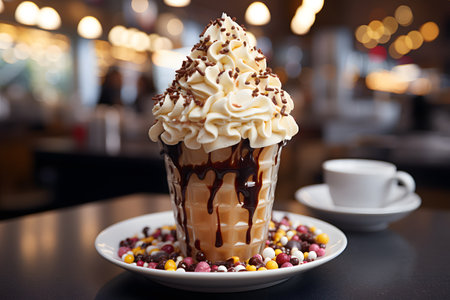 Chocolate ice cream with whipped cream and chocolate sprinkles on topの素材