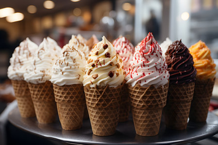 Ice cream cones with whipped cream and chocolate, close-up.の素材