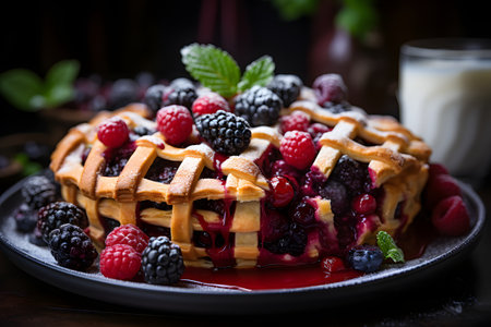 Freshly baked berry pie with raspberries and blackberriesの素材