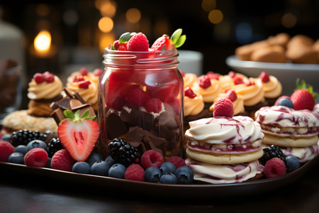 Pancakes with raspberries, blueberries, strawberries and chocolate on a dark backgroundの素材