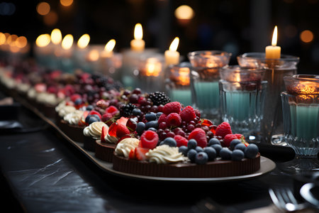 Delicious chocolate cake with berries and candles on table, closeupの素材