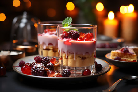 Tasty tiramisu dessert with berries in glasses on dark backgroundの素材