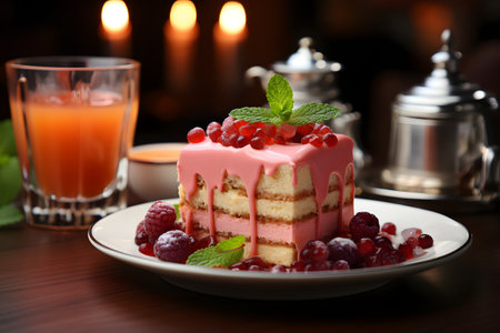Delicious cake with berries on plate on wooden table, closeupの素材