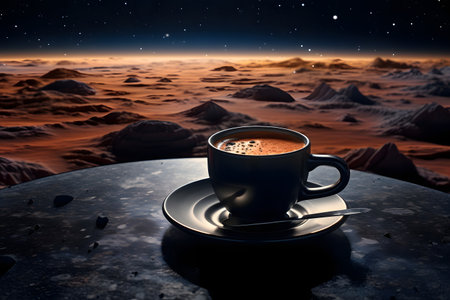 Cup of coffee on the table on the background of the Marsの素材