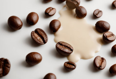 Coffee beans and cream on a white background, top view. AI generatedの素材