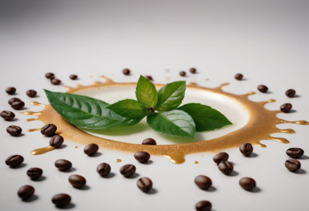 Coffee beans and splashes of coffee on a white background. AI generatedの素材