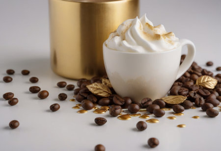 Coffee cup with whipped cream and coffee beans on white background. AI generatedの素材