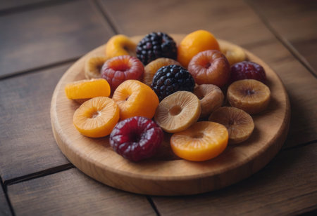 AI generated mix of dried fruits on a wooden plate. Selective focus.の素材