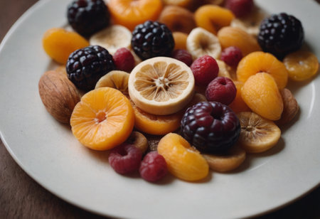 Dried fruits and berries on a plate. Selective focus. Generated by AIの素材