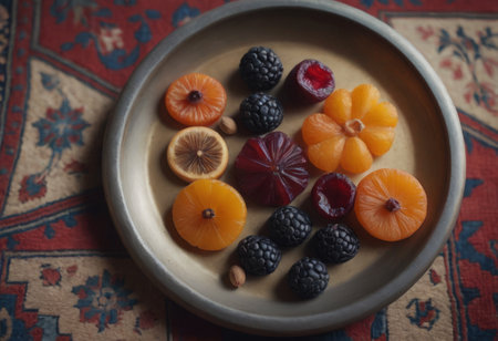 AI generated fruit mix in a bowl. Orange, blackberry, grapefruitの素材