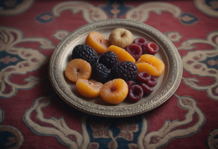 AI generated mix of dried fruits on a vintage plate. Selective focus. Toned.の素材