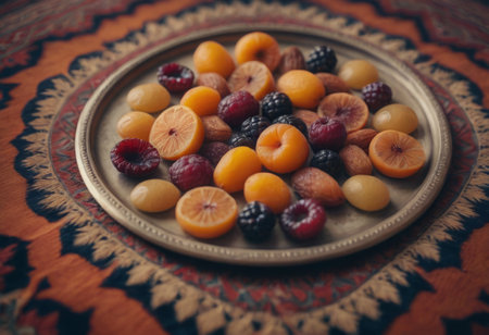 AI generated mix of dried fruits and berries on a plate. Selective focus.の素材