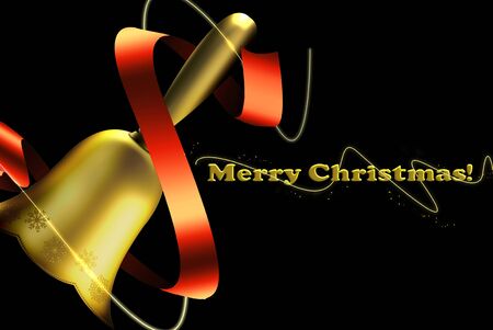 bronze bell. golden color with pictures of stars, black background and text of Christmas. attractive red ribbonの写真素材
