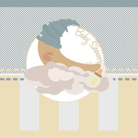 moon sleeping on clouds of cotton  striped background  illustrationの写真素材