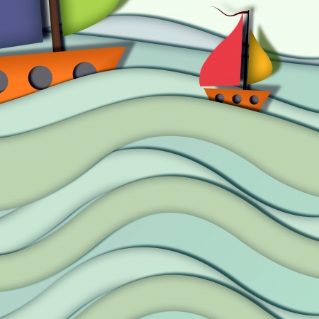 Two boats on waves of blue sea water, relief and 2dの写真素材