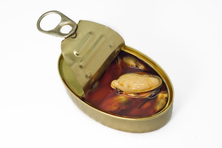 Can open, pickled mussels on a white background