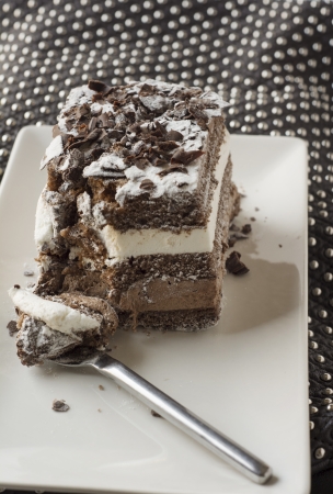 chocolate cake. musse filled with chocolate and whipped cream on square plate の写真素材