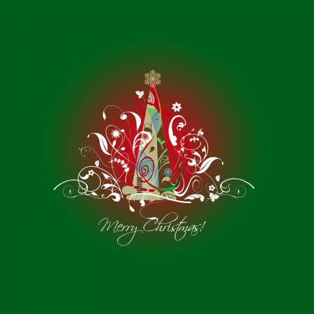 Illustration, Christmas tree, with arabesques, leaves and ornaments, gold star attractive, green and red center の写真素材