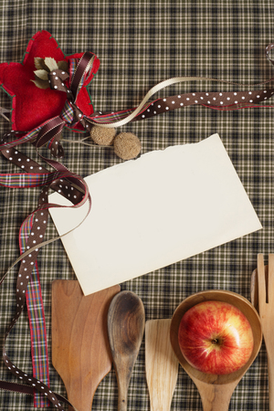 Fondo con elementos de cocina, fondo escoces y espacio para receta de cocina, con motivos navideÃ±osの写真素材