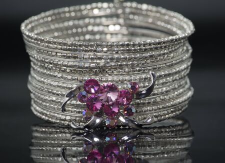 silver bracelet with pink crystal stones  Woman braceletの写真素材