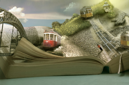 Magical travel book, trams and towns. Dimensional page openの写真素材