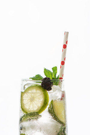 Gin tonic cocktail with lime, ice and red fruit, detail, on white backgroundの写真素材