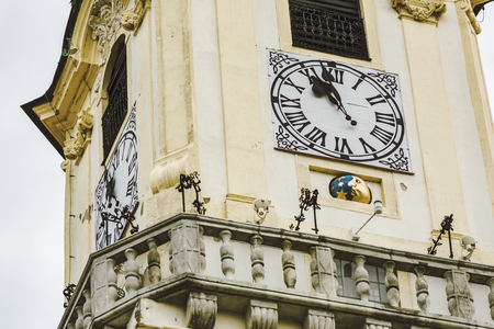 BRATISLAVA: Clocktower of the old town hall, detail. located in the Hlavne Square Namestie,...