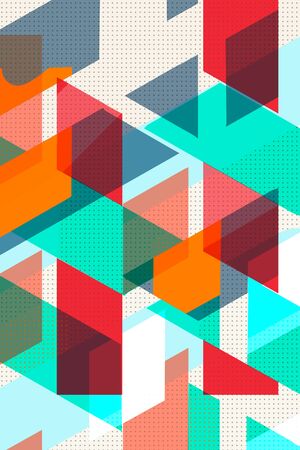Colorful geometric Cover Swiss Modernism. Orange and turquoise red blue and orange texture. Abstract pattern Shapes Concept backgrounds for ads or prints, covers or posters, banners or cards. Linear, triangles and cubes elements.の写真素材