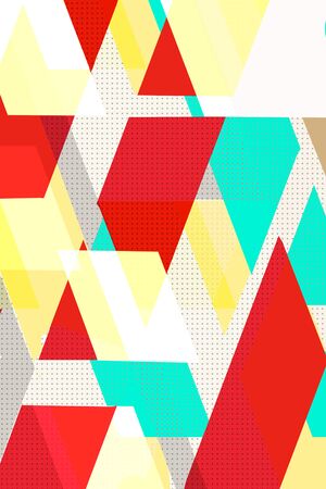 Colorful geometric Cover Swiss Modernism. Red and blue, yellow and violet texture, Abstract pattern Shapes Concept .backgrounds for ads or prints, covers or posters, banners or cards. Linear, triangles and cubes elements.の写真素材