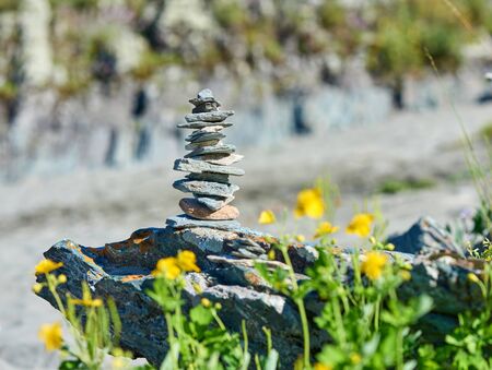 Balanced stone pebbles. Zen tower. Close up focus.の写真素材