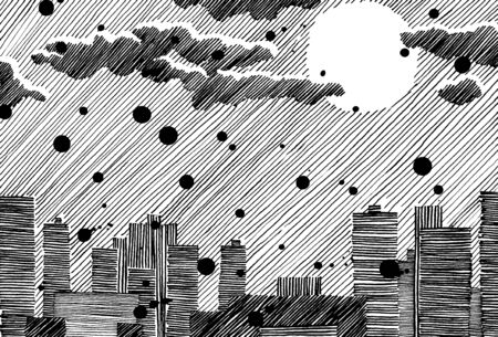 Simple snow city with clouds and sun. Illustration drawed dashed lines black and white with pen and ink.の写真素材