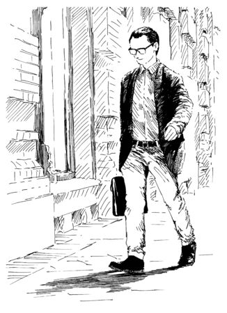 Young man with glasses in casual style walking on the city street. Summer day black and white hand drawing with pen and ink. Engraving, etching, sketch style.の写真素材