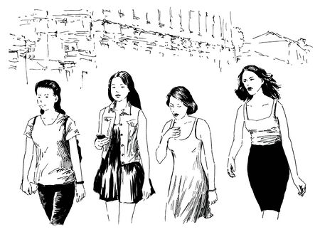 Four beautiful girls in casual style walking on the street. Summer day black and white hand drawing with pen and ink. Engraving, etching, sketch style.の写真素材
