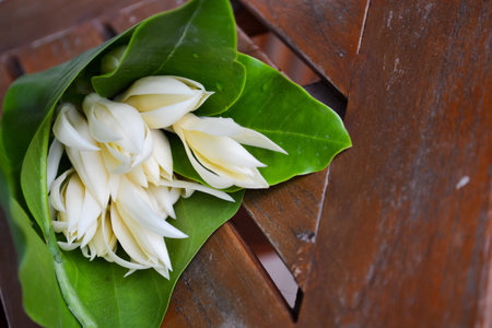 White Champaka wrap by banana leaf  on wood tableの写真素材
