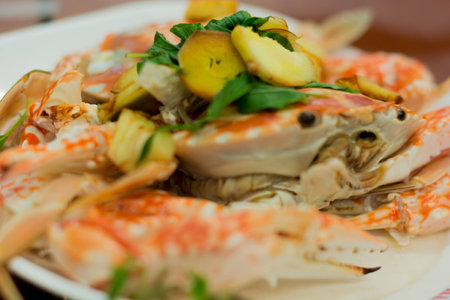 fresh steam crab on white plateの写真素材