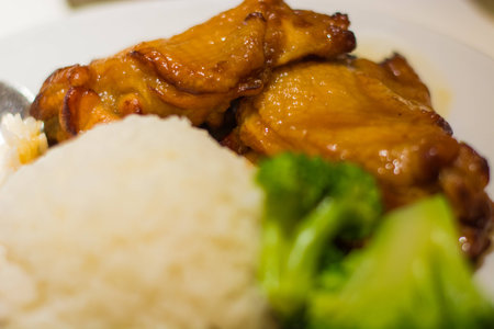 grill chicken with rice on white plateの写真素材