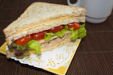 sandwich cheese tuna on wood backgroundの写真素材