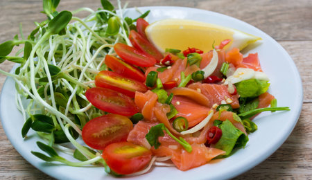 Salmon salad on wood backgroundの写真素材