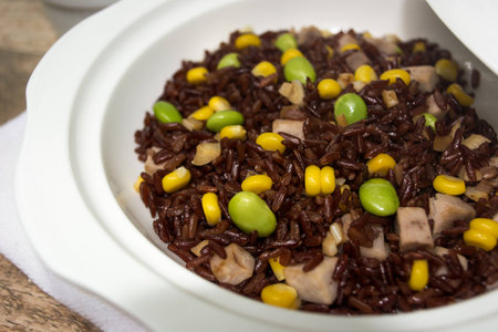 Baked rice cereal on wood backgroundの写真素材