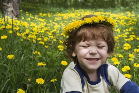The boy in the meadow of dandelionsの写真素材