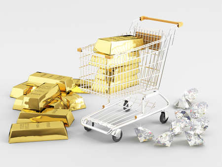 Gold bullion and diamonds next to the shopping cart の写真素材