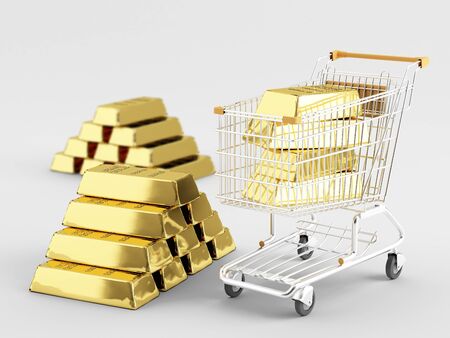 Gold bar in the shopping cart, and next to itの写真素材