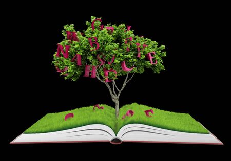 Tree growing from a book. Fruits - letterの写真素材
