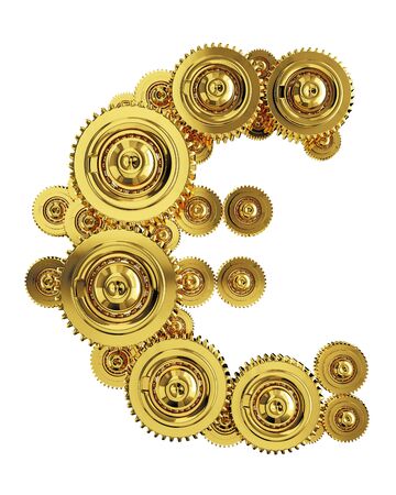 Euro sign in the form of a gear mechanism of goldの写真素材