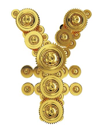 Yen sign in the form of a gear mechanism of goldの写真素材