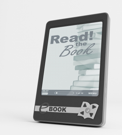  E-book with the words on the screen and a stack of booksの写真素材