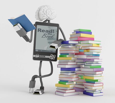 The fictional character is standing next to stacks of books and readingの写真素材