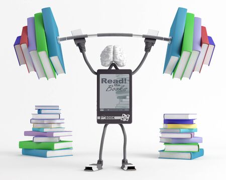E-Bookish man lifts a heavy barbell loaded with sports in the form of booksの写真素材