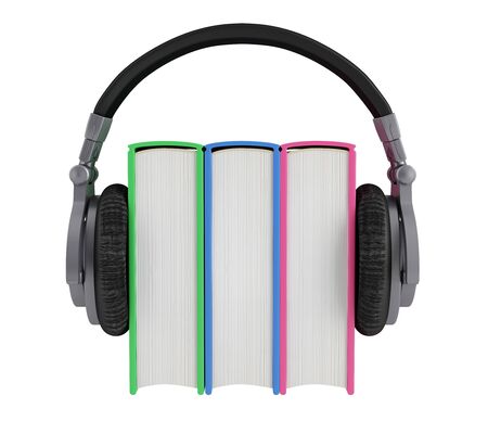 Headphones worn by the three colorful booksの写真素材